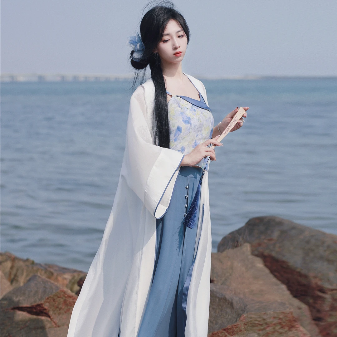 晓鹿水睡莲晚景蓝宋裤改良长干寺松紧吊带汉服女款日常夏季