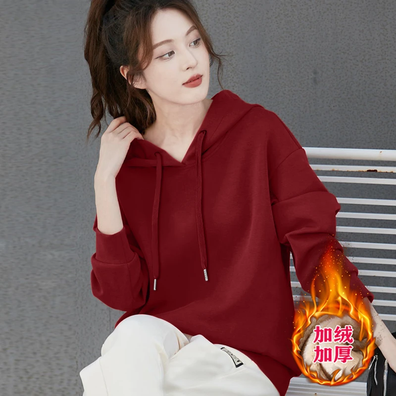 连帽卫衣新款秋冬加绒时尚休闲百搭套头上衣宽松洋气女士加厚外套