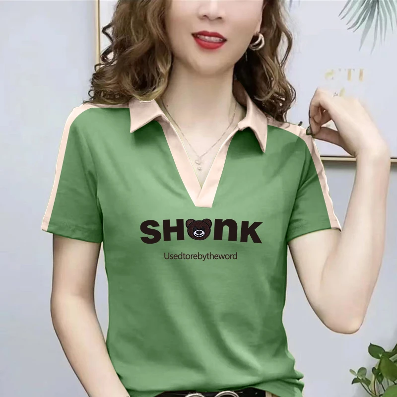 夏季POLO领冰丝短袖T恤女2024新款洋气中年妈妈夏装休闲印花上衣