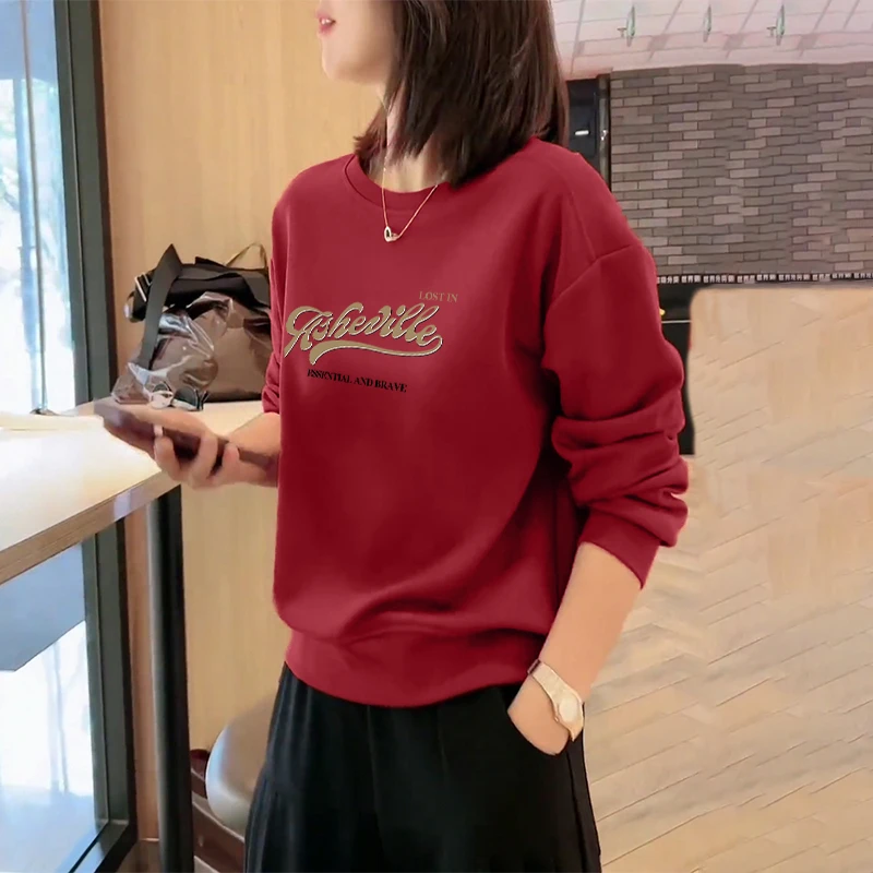 圆领卫衣女春秋新款冬季韩版加绒加厚时尚中年女装长袖上衣打底衫