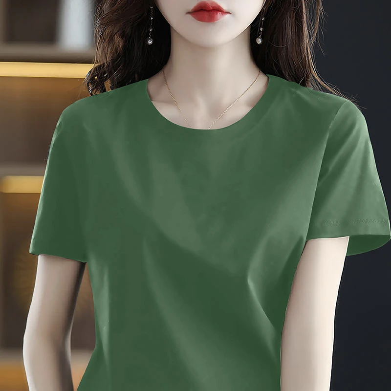 韩版正肩短袖t恤女夏季纯色宽松显瘦遮肉通勤风体恤气质休闲上衣
