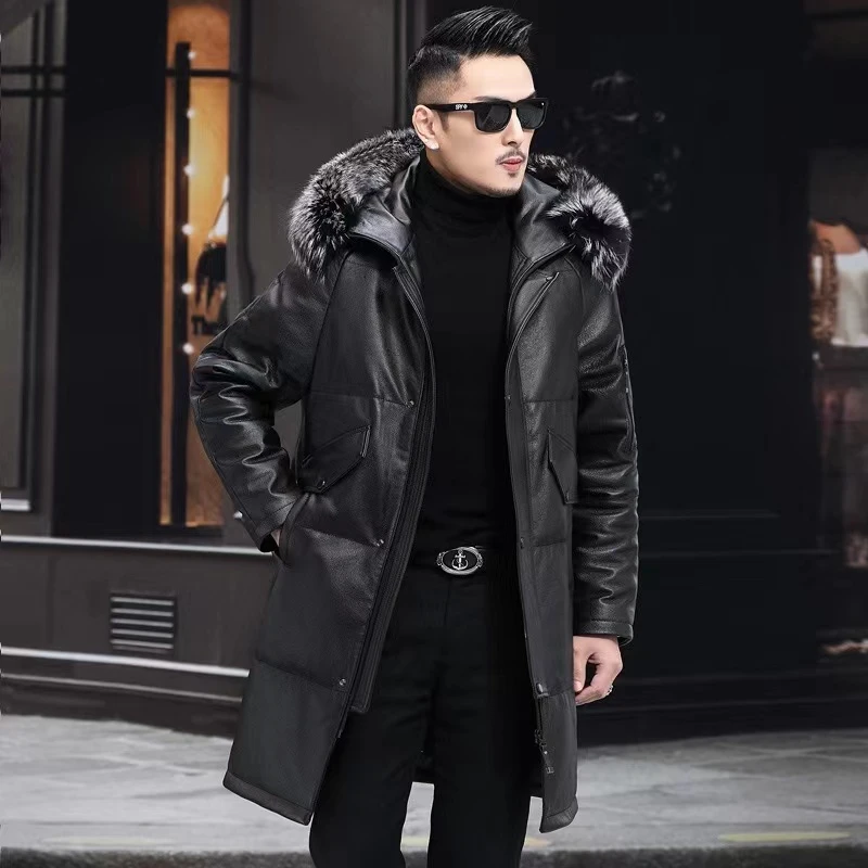 真皮皮衣羽绒服男士头层小牛皮狐狸毛领休闲时尚连帽中长款外套