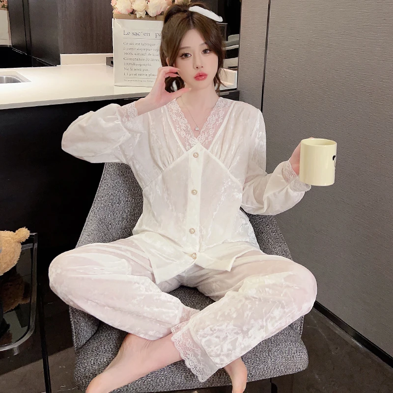 春秋冬款睡衣女韩版长袖爆款金丝绒2024年新款高级感网红v领套装