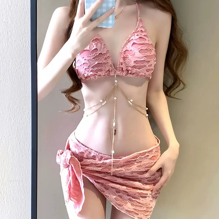 豹纹/破洞ins美拉德仙女风度假沙滩温泉聚拢性感裙式分体泳衣小众