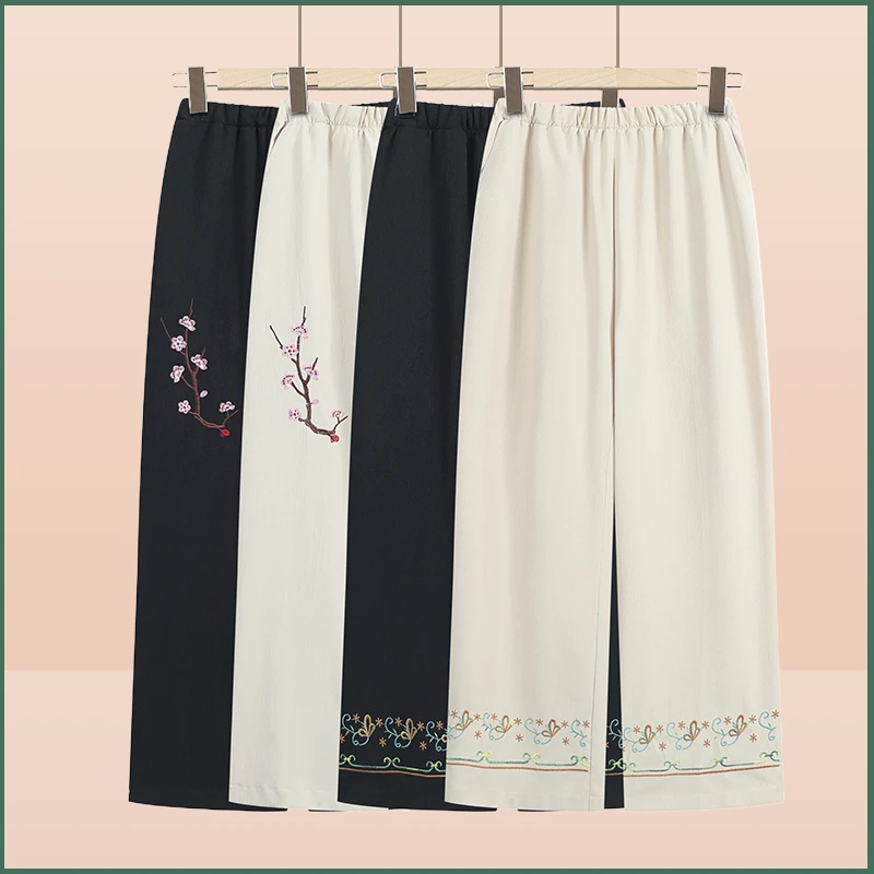 中老年人裤子女夏季薄款奶奶棉麻松紧裤老太太宽松妈妈春秋阔腿裤