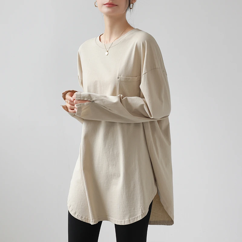 2025秋季新款个性下摆开叉中长款T恤女长袖宽松纯棉内搭打底衫