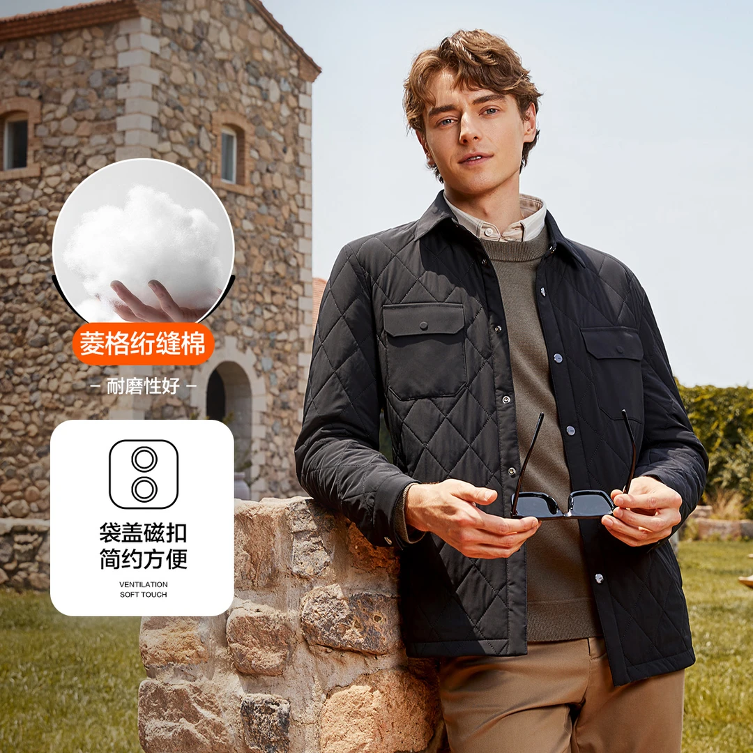 【薄款棉服】柒牌工装男2024冬季时尚休闲百搭舒适菱格翻领棉衣外套