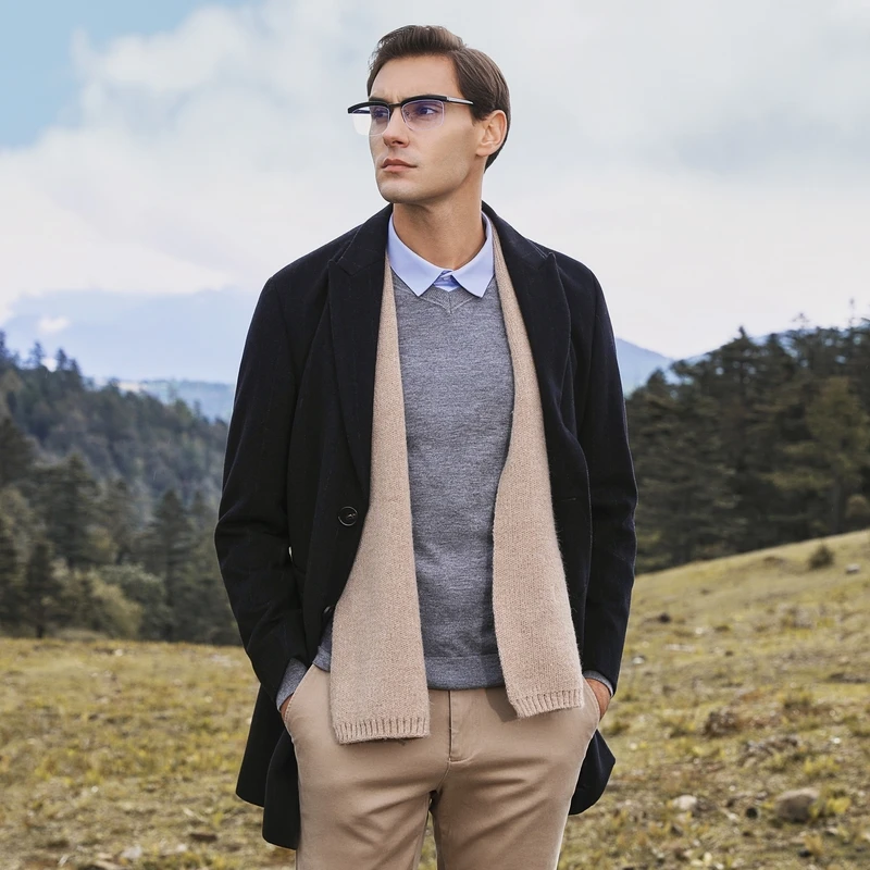 柒牌毛呢大衣男士新款商务休闲条纹戗驳领中长款冬季上衣保暖外套