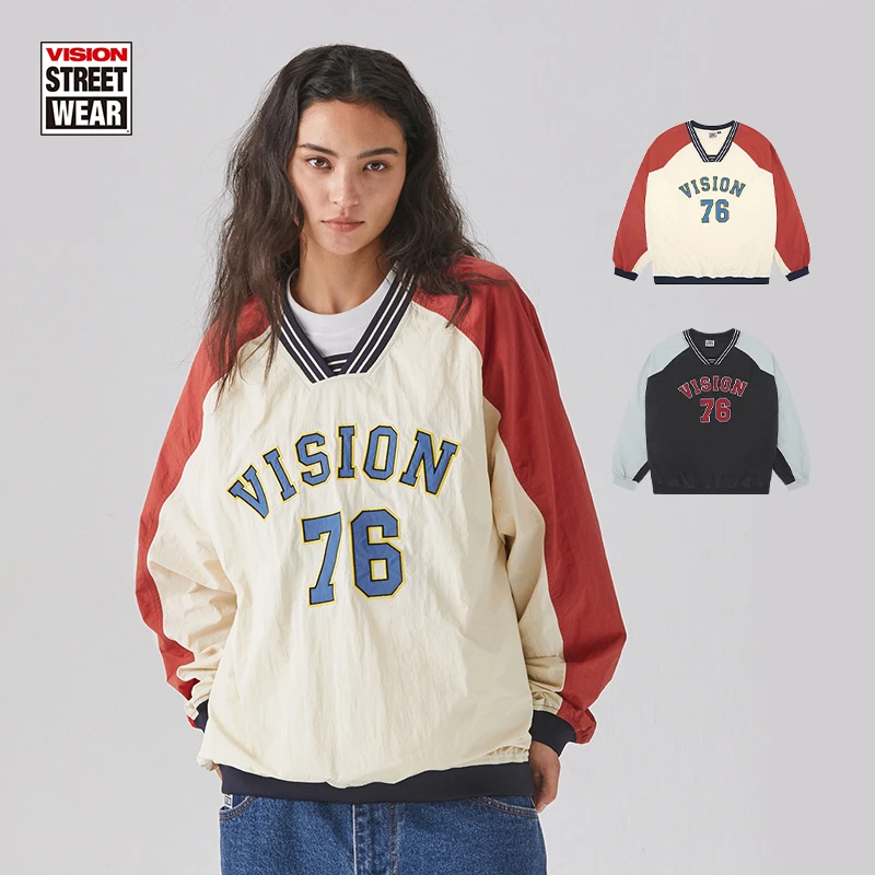 VISION 美式街头运动休闲长袖复古撞色宽松春秋上衣套头衫