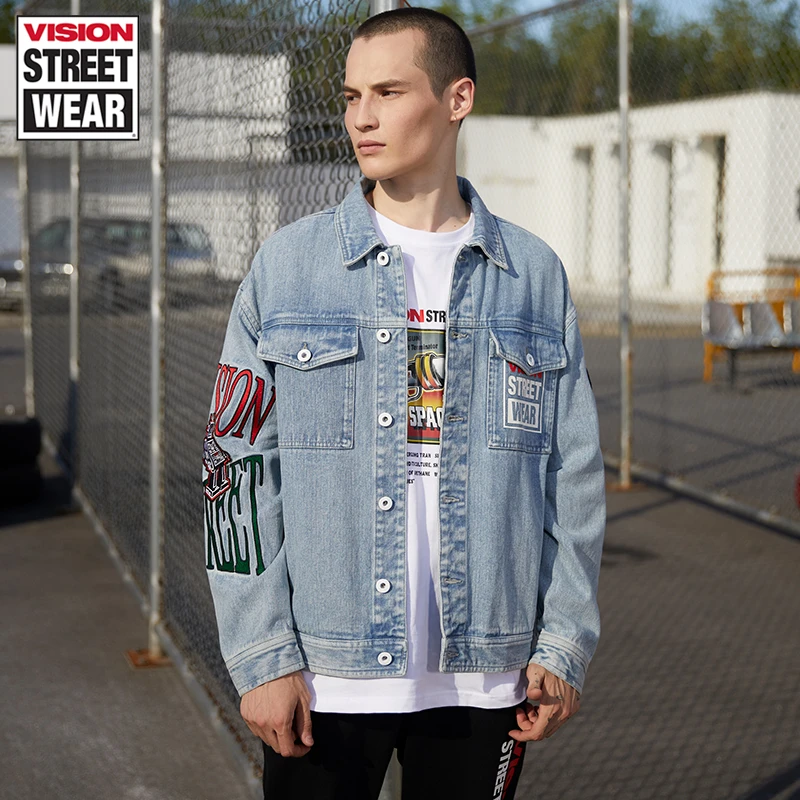 VISION 复古字母印花流行常规翻领牛仔夹克休闲外套潮流长袖