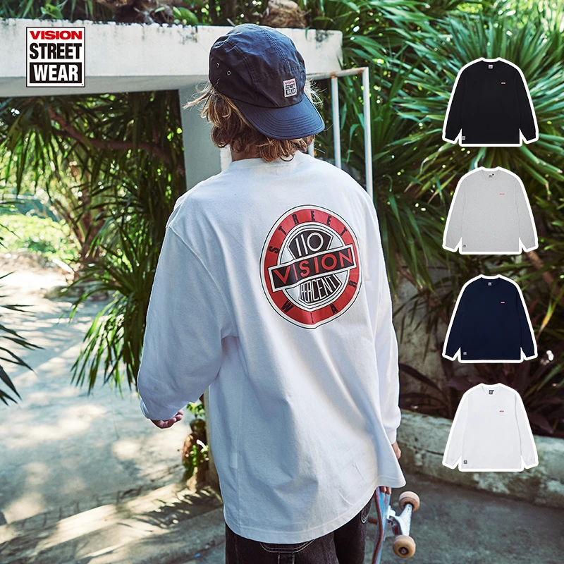 VISION 4色 历史复刻图案印花重磅宽松圆领运动长袖T恤 男女同款