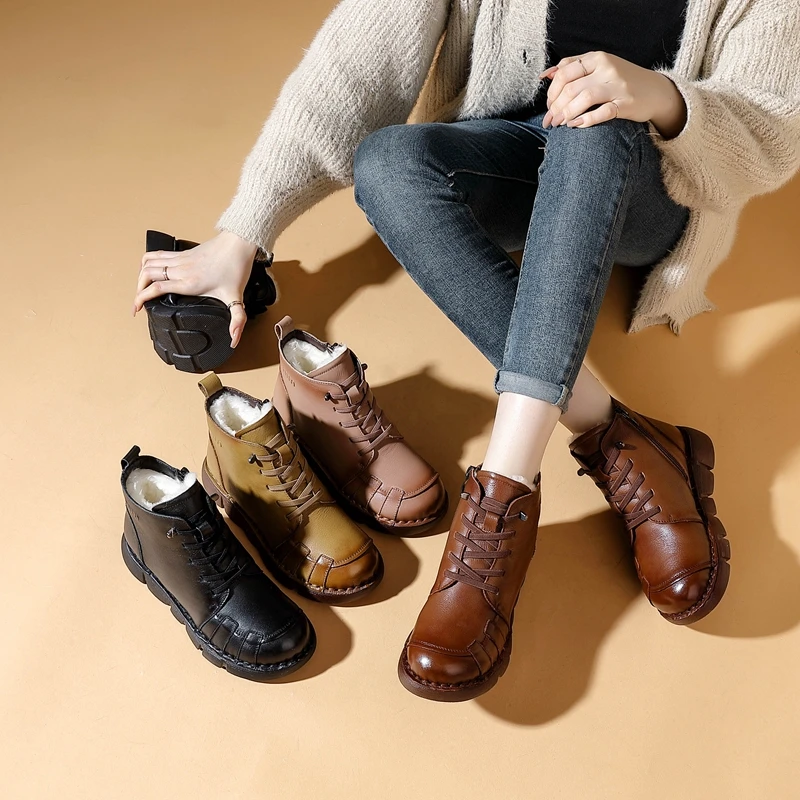 纯羊毛头层牛皮2024秋冬新款羊毛靴真皮厚底防滑软底妈妈鞋A88861