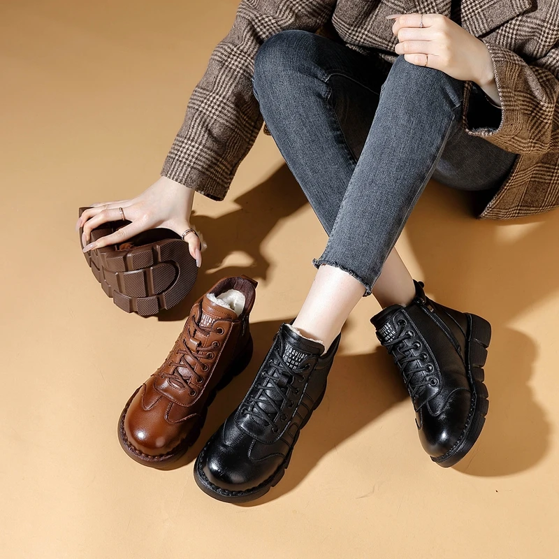 纯羊毛头层牛皮2024秋冬新款羊毛靴厚底防滑平底软底妈妈鞋A88859