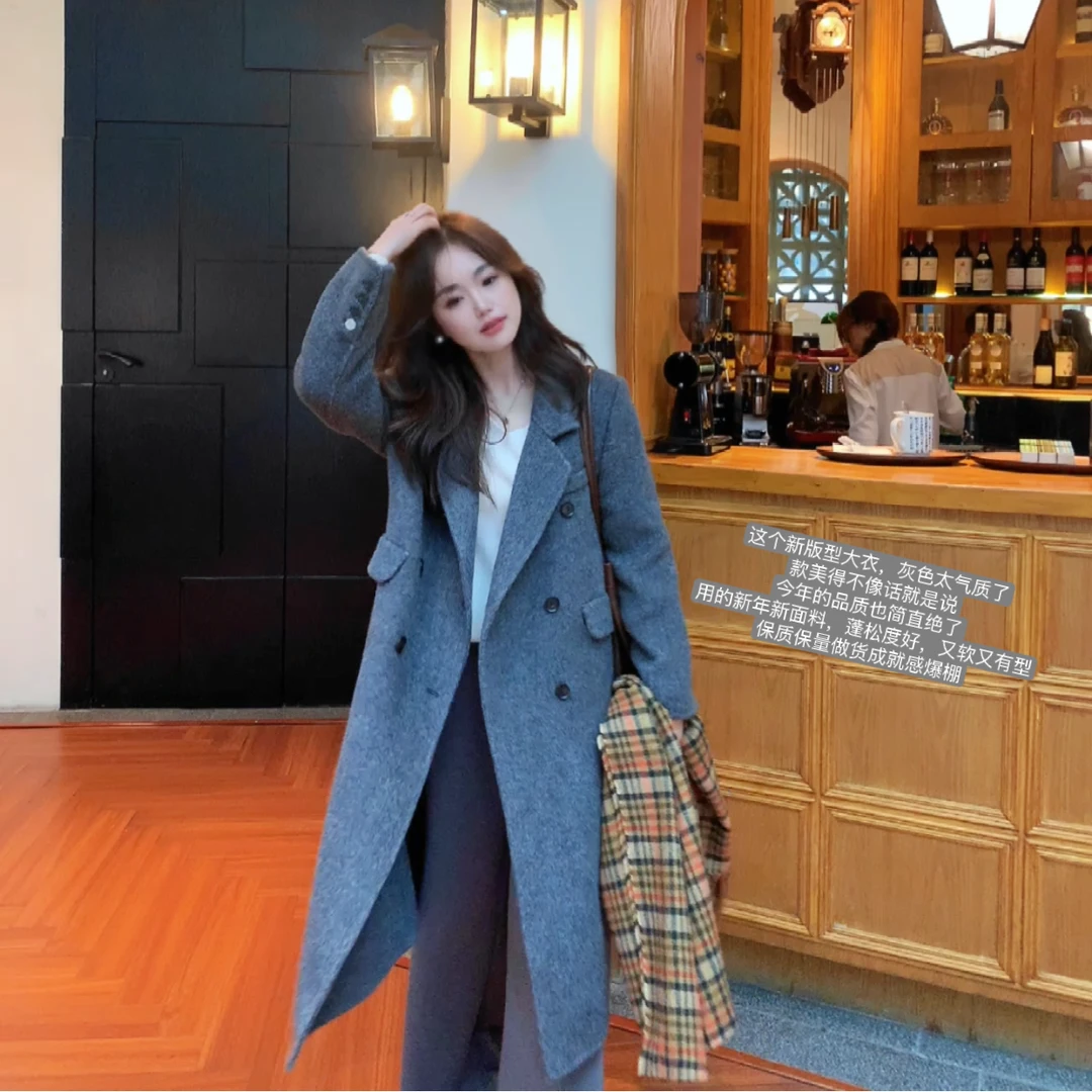 小小家小个子（马克灰正肩大衣）100纯羊毛中长款双面呢大衣外套