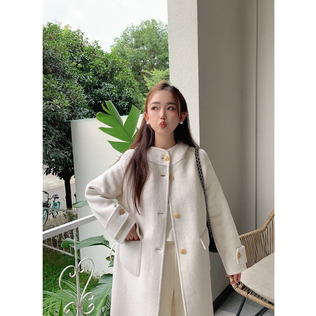 小小家 小个子小码连帽浅色双面手工羊毛大衣中长甜美外套