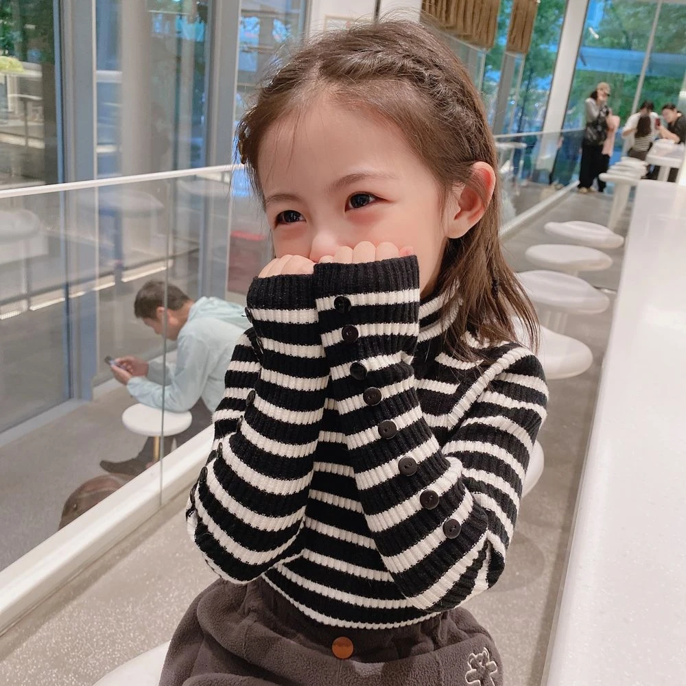 女宝宝条纹女童高领加厚冬季加绒大弹力打底衫2023冬装新款儿童