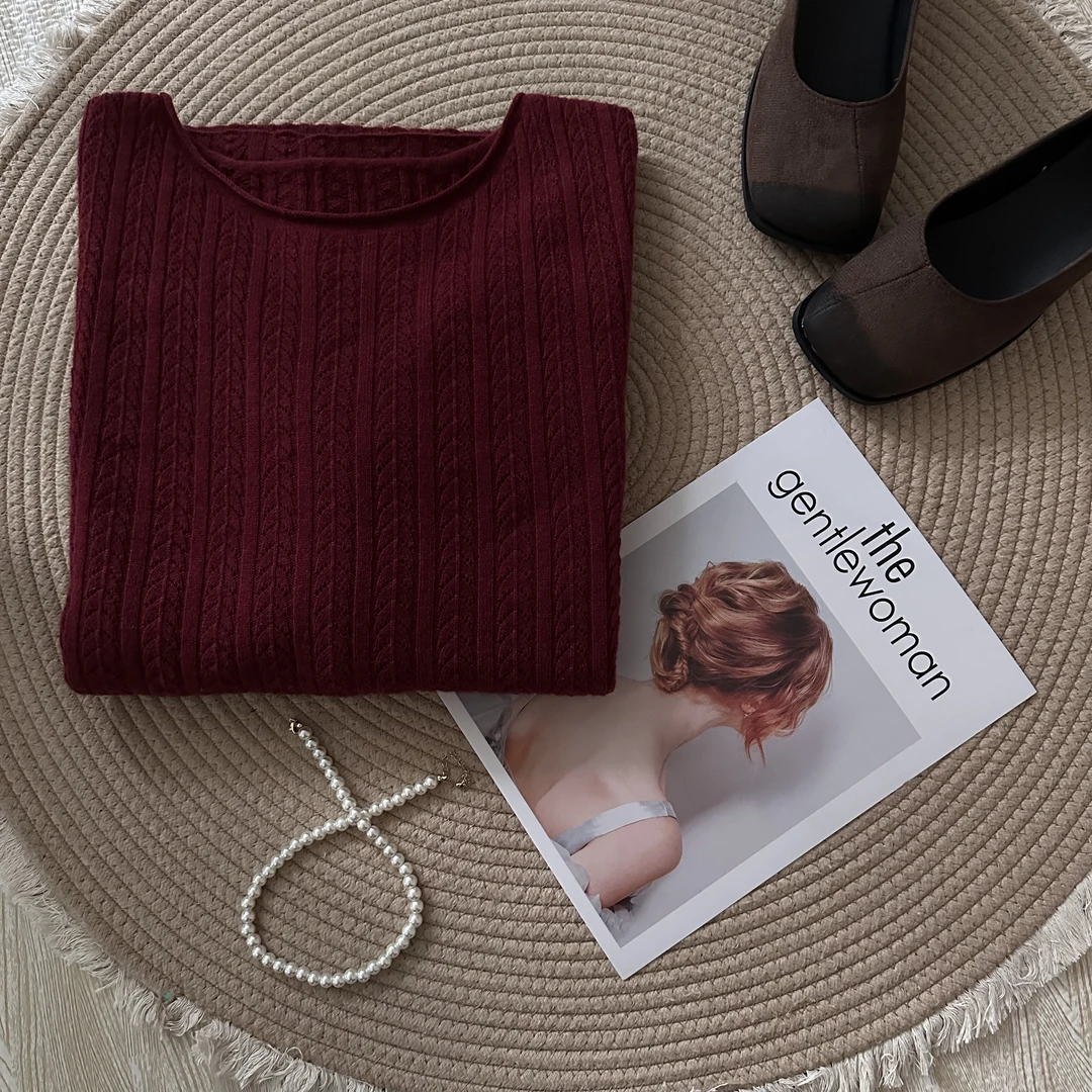 麦穗花圆领套头针织衫女2024秋季新款时尚百搭休闲大版宽松女上衣