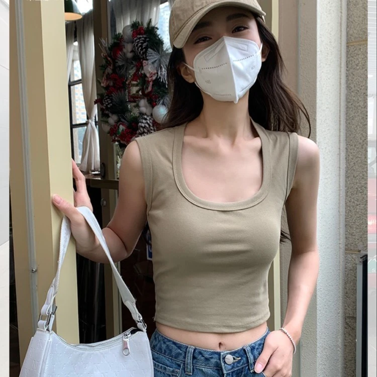 春夏季ins方领背心女设计感辣妹性感带胸垫修身显瘦百搭打底衫