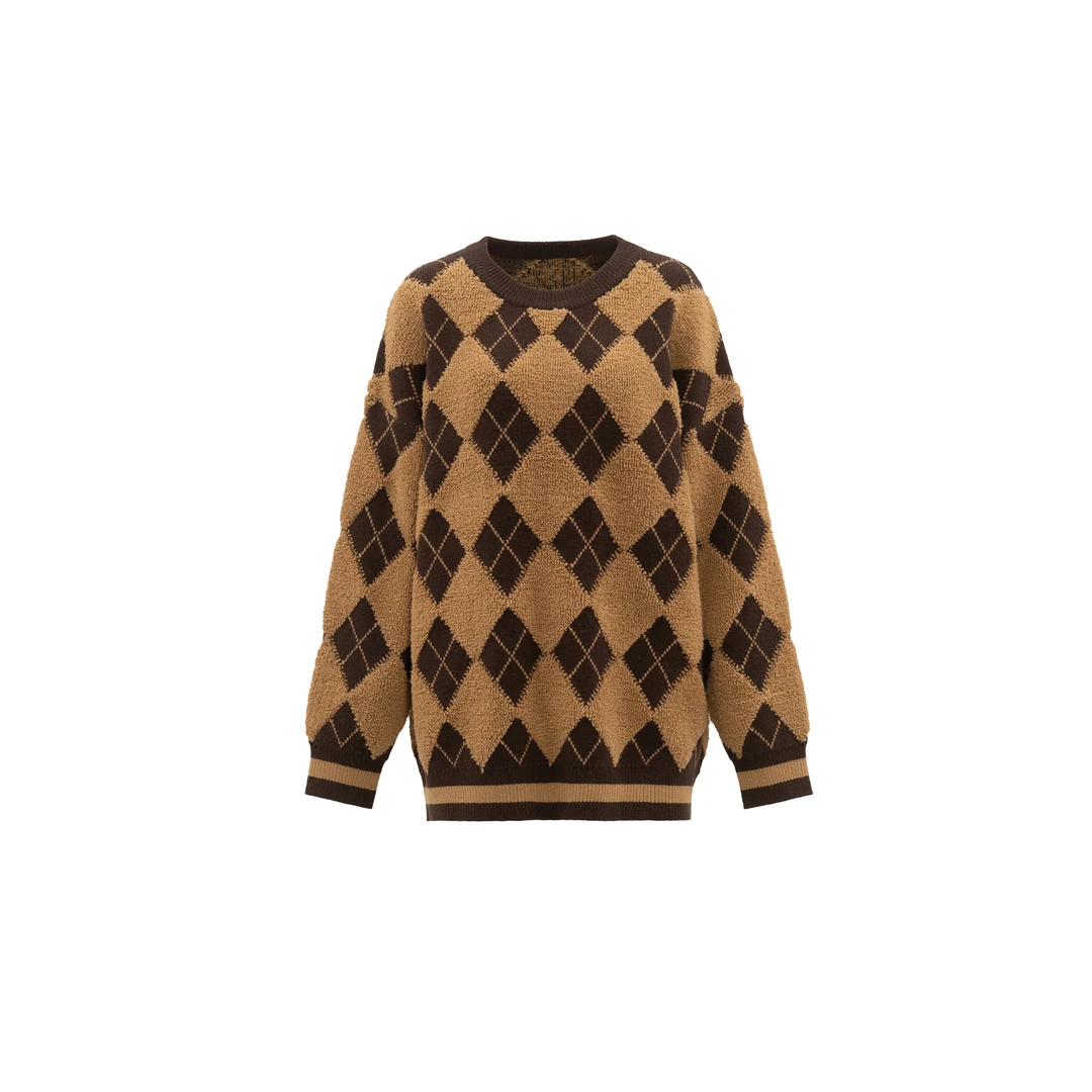 【谬系菱格毛衣】630g软糯休闲宽松撞色提花圆领针织上衣W23DI8026