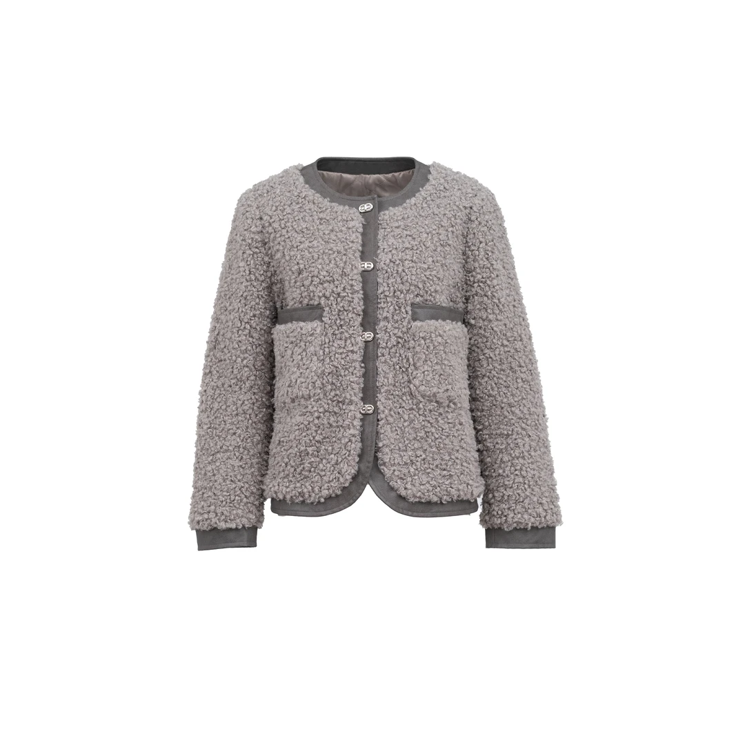 【灰咖圈圈羊羔外套】高级拼接圆领短款毛毛外套W23DH1003