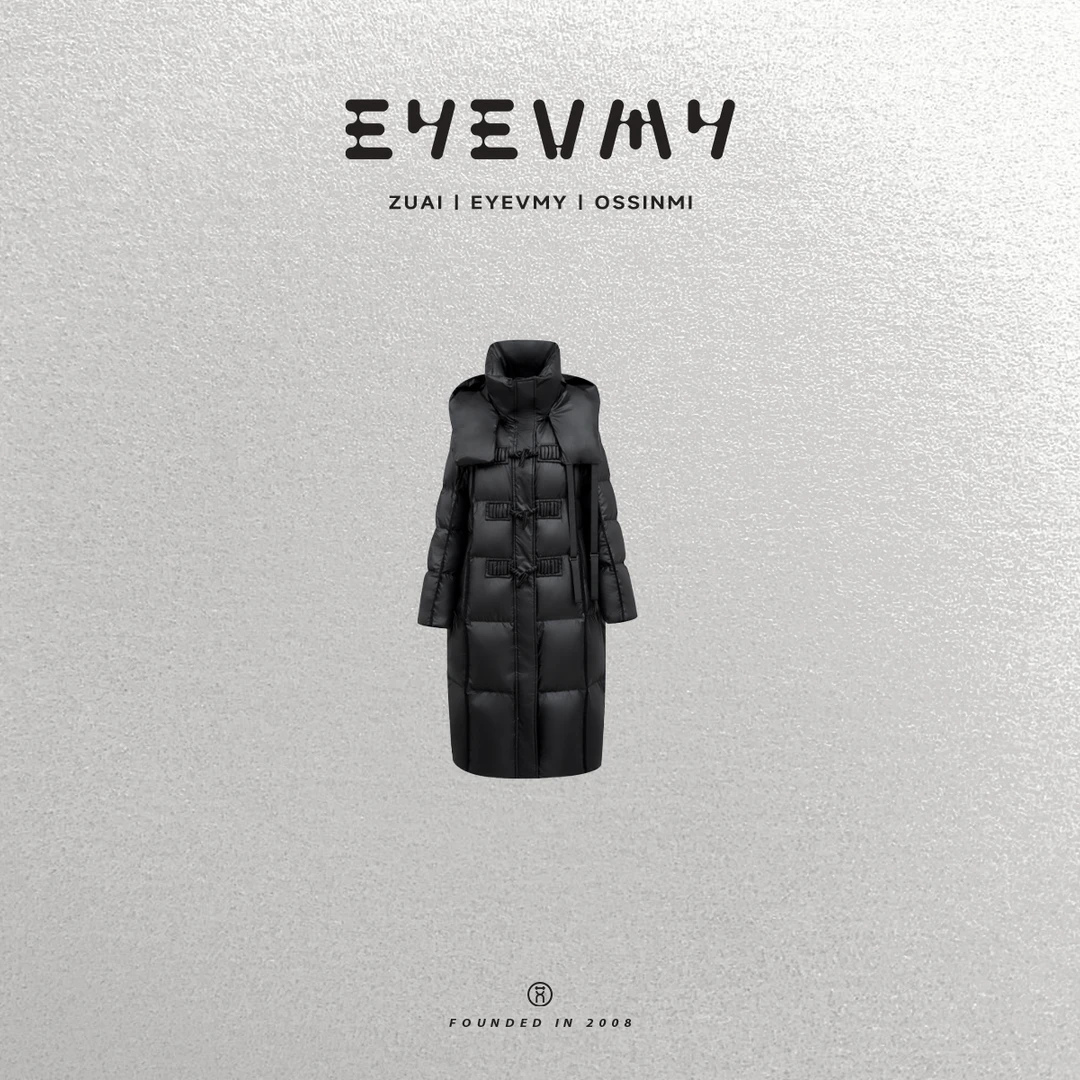 【黑曜石鹅绒服】90白鹅锁温发热牛角盘立领中长款外套W23DO8048