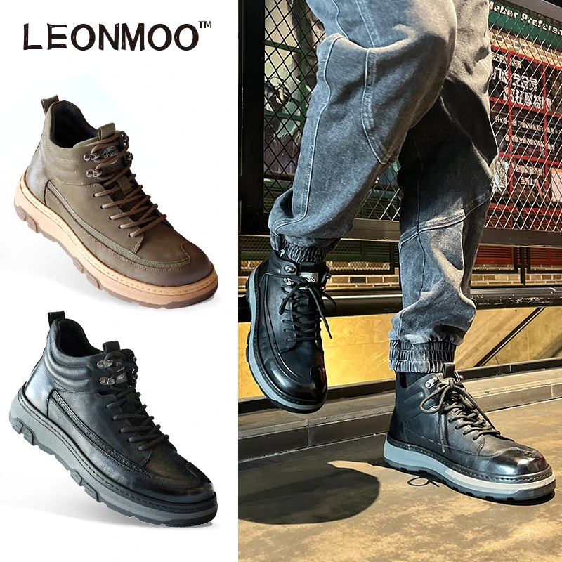 LEONMOO手工原创正品加绒猪皮里头层牛皮真皮男士鞋橡胶防滑