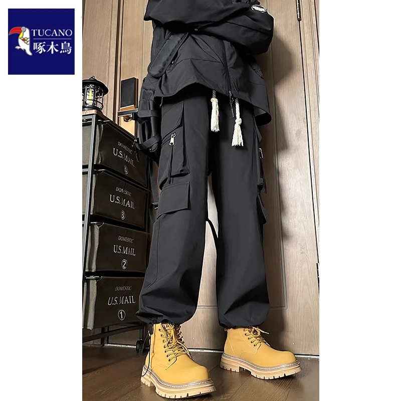 啄木鸟工装冲锋裤子男士2025秋季美式机能风直筒宽松束脚休闲裤子