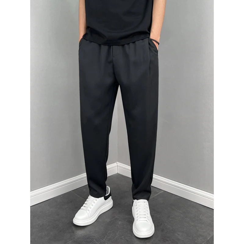 夏季薄款冰丝垂感裤子男宽松小脚九分裤痞帅休闲裤纯色哈伦小西裤