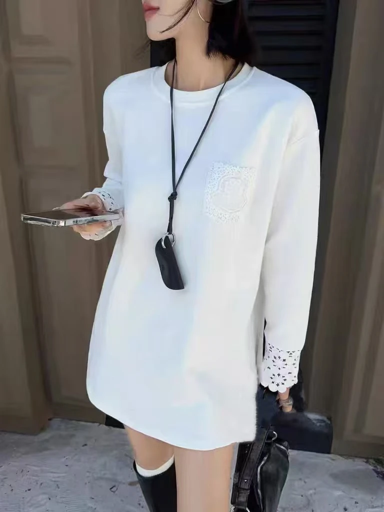 【加绒加厚】T2024新款 加绒加厚 宽松时尚 蕾丝口袋打底圆领长袖