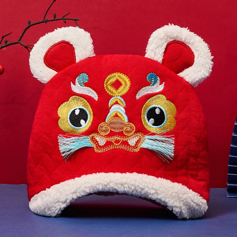 婴儿帽子秋冬龙宝宝红色新年加厚棉帽喜庆龙头帽百天周岁 MZ1925