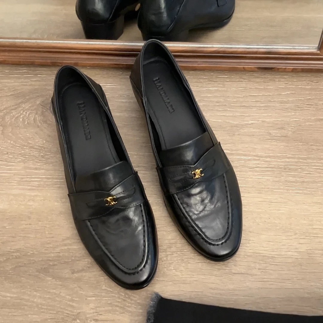 Dannyfrey英伦风小皮鞋一脚蹬头层小牛皮法式粗跟厚底乐福鞋女