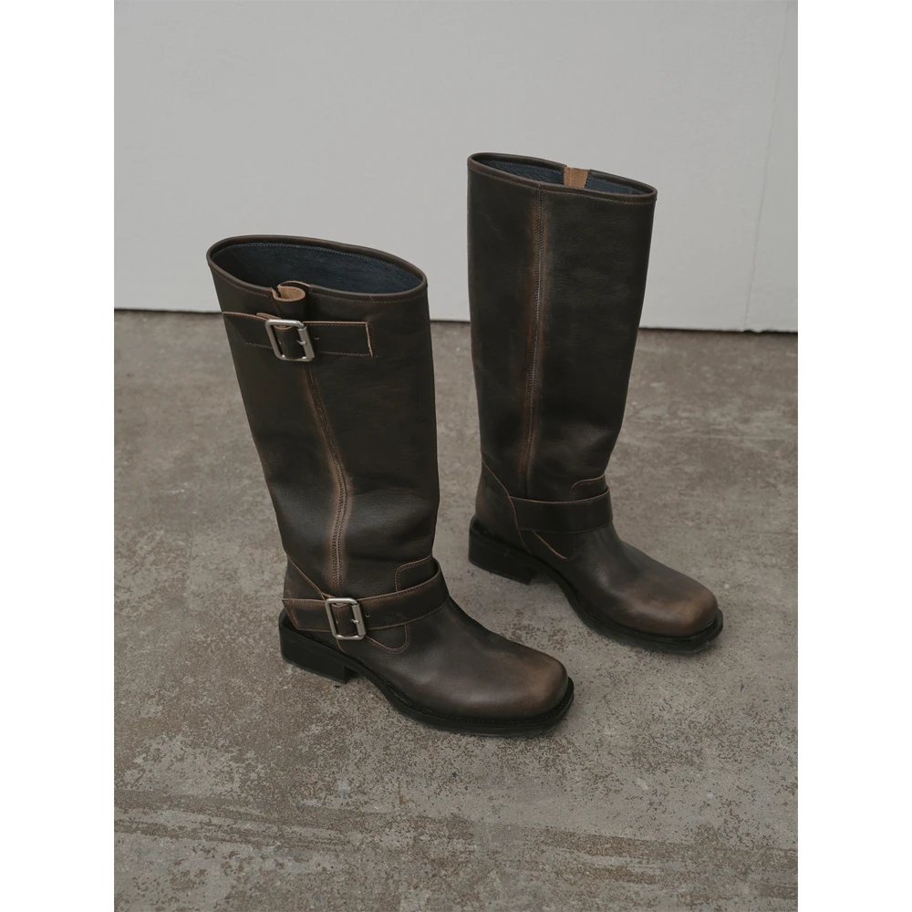 RandomPiece23 进口头层牛皮 复古做旧擦色方圆头中筒靴