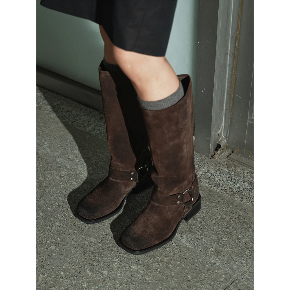 RandomPiece24新品 定制反绒牛皮 手工擦色做旧方圆头中筒靴