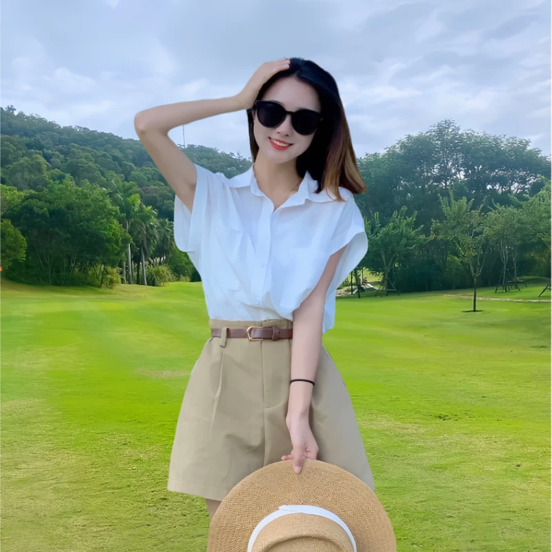 夏季新款短袖飞飞袖衬衫高腰阔腿短裤套装小个子时尚设计感衬衣女