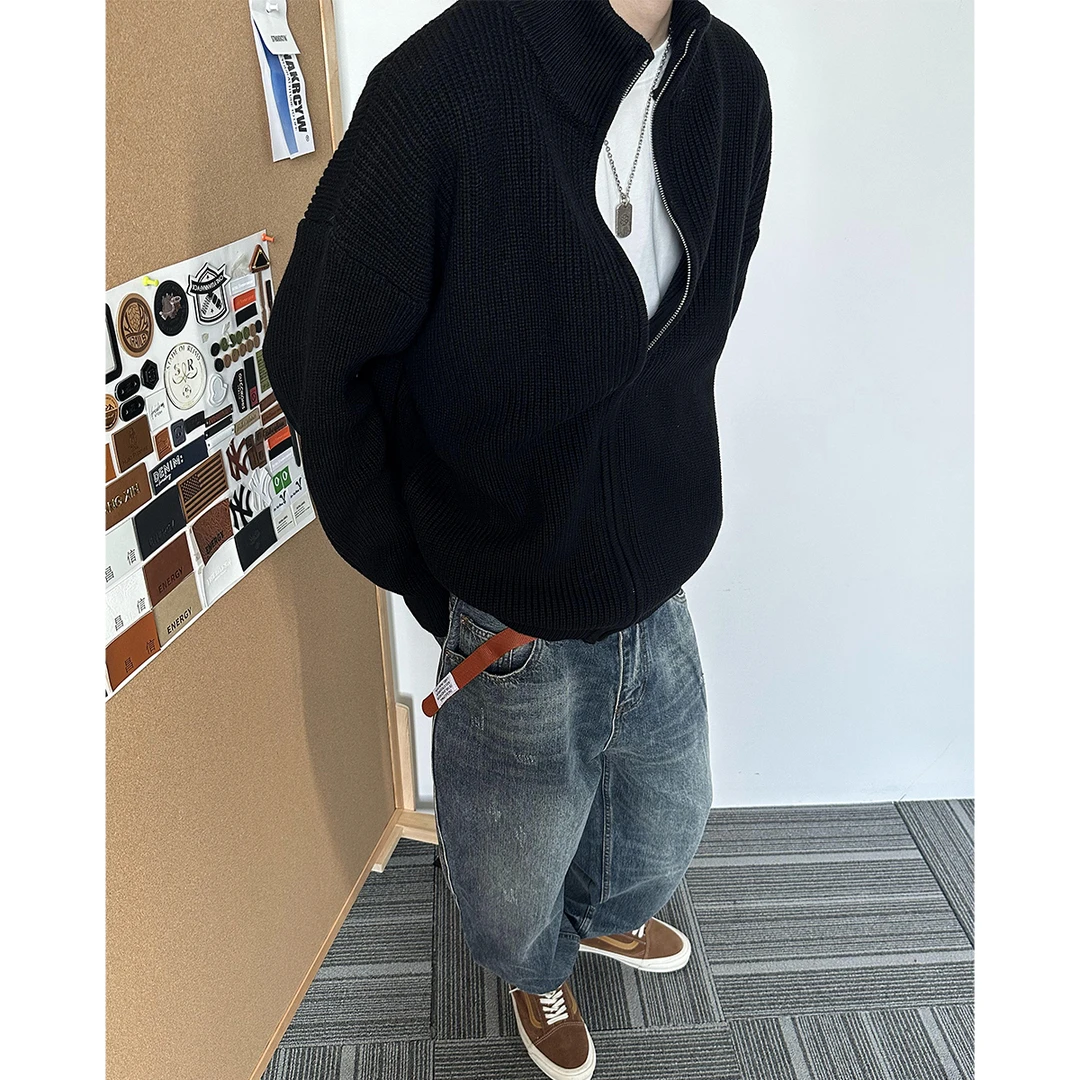 900g重磅 秋冬复古拉链开衫男慵懒风针织衫加厚百搭毛衣立领外套