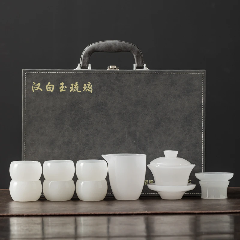 琉璃茶具套装简约家用办公室功夫纯白盖碗罗汉杯带过滤泡茶礼盒装