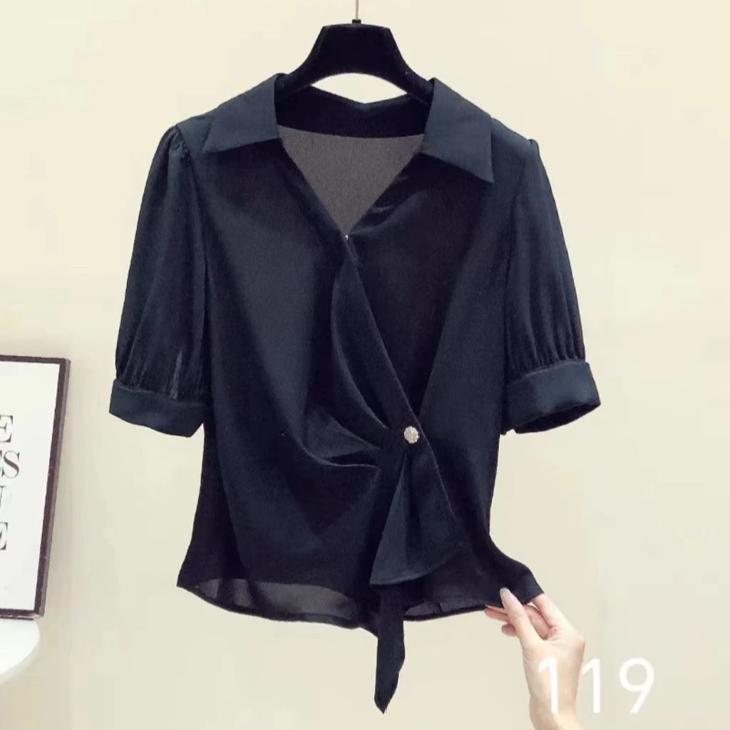 A387 2025新款短袖设计感小众时髦洋气气质雪纺上衣S119款