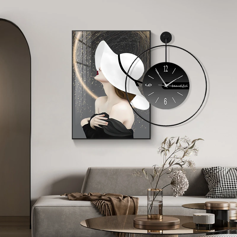 轻奢风餐桌背景墙装饰画抽象人物钟表挂画客厅墙面装饰壁画挂钟