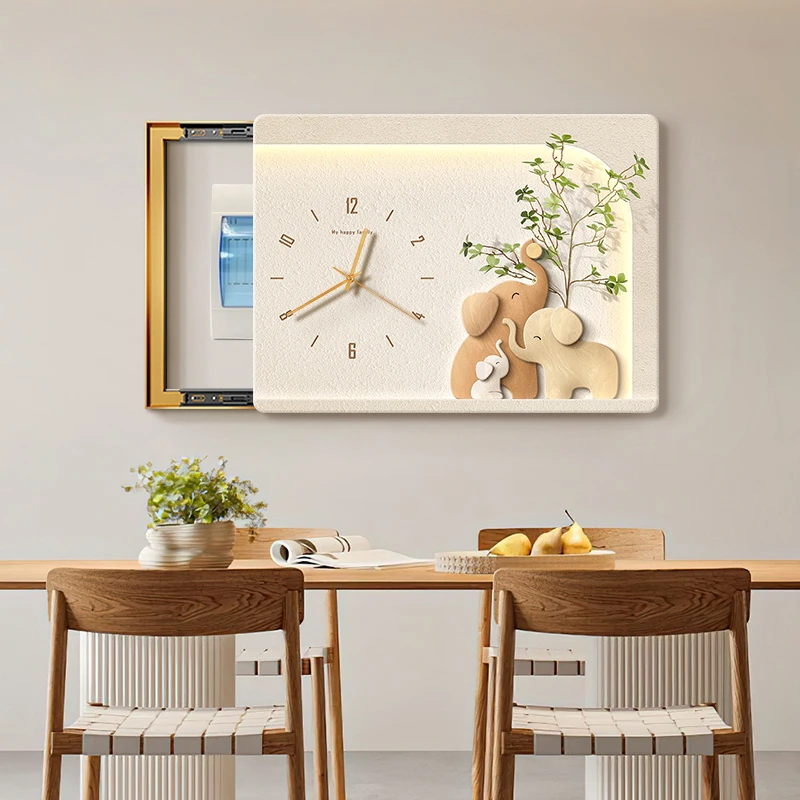 奶油风大象电表箱装饰画2025新款钟表配电闸电箱遮挡时钟客厅挂画