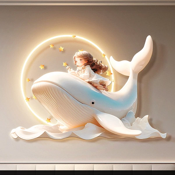 儿童房装饰画卡通兔子公主房背景墙发光钟表女孩卧室床头挂画