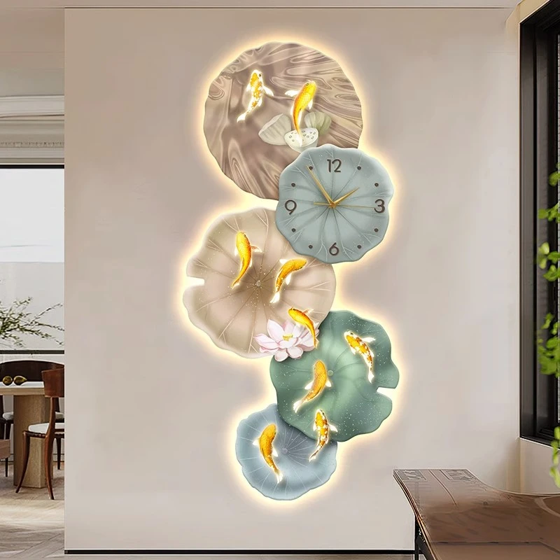 轻奢入户玄关装饰画九鱼图新中式高级创意挂画挂钟走廊过道挂画