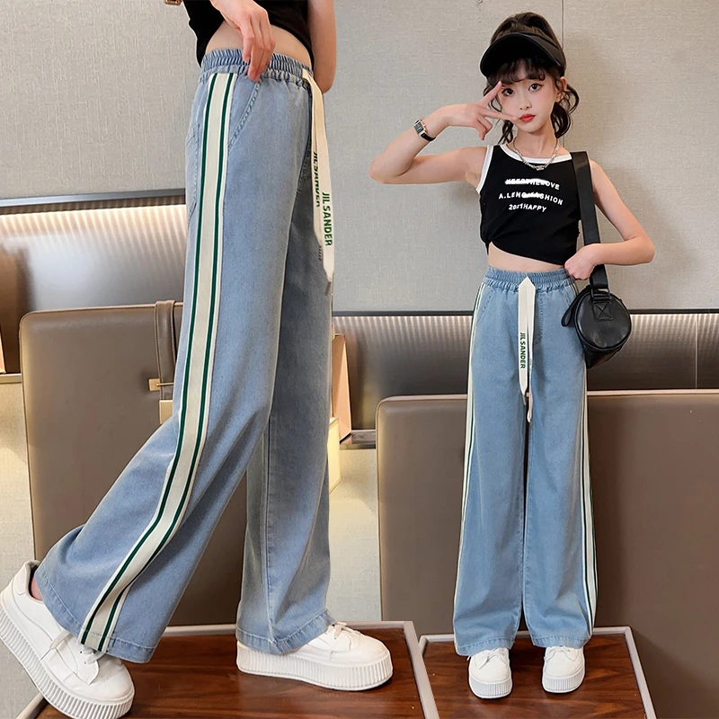 女童裤子夏季天丝牛仔裤2025新款女大童冰丝防蚊裤薄款夏装阔腿裤