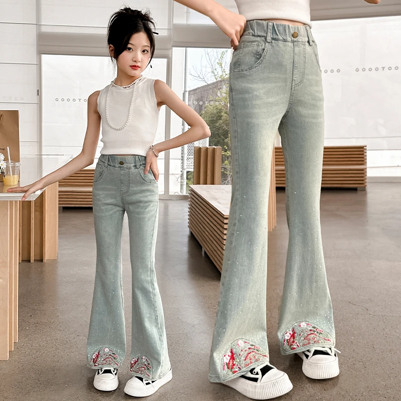 女童夏季天丝裤子2024新款中大童国风牛仔裤洋气女孩喇叭裤百塔潮