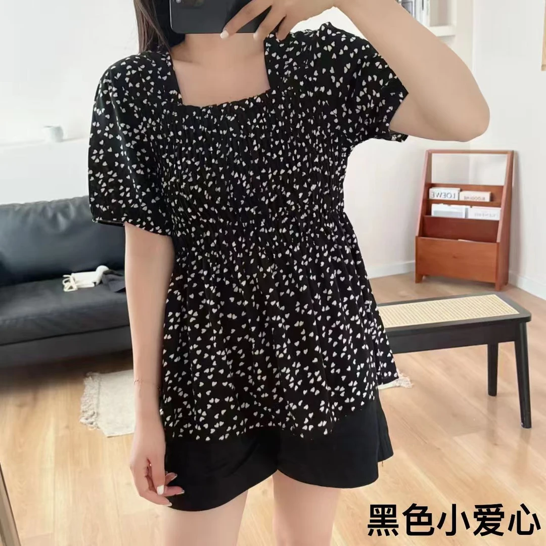 范范家【人造棉】魔术腰花边方领设计感收腰显瘦T恤A09