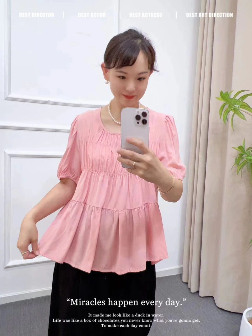 范范家【森系娃娃衫】韩系细纱人造棉泡泡袖减龄娃娃衫3043