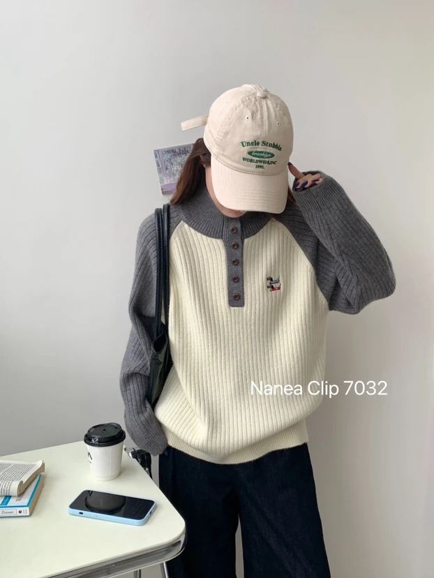 范范家【绵羊毛】韩系拼色腊肠狗半高领开扣针织毛衣7032