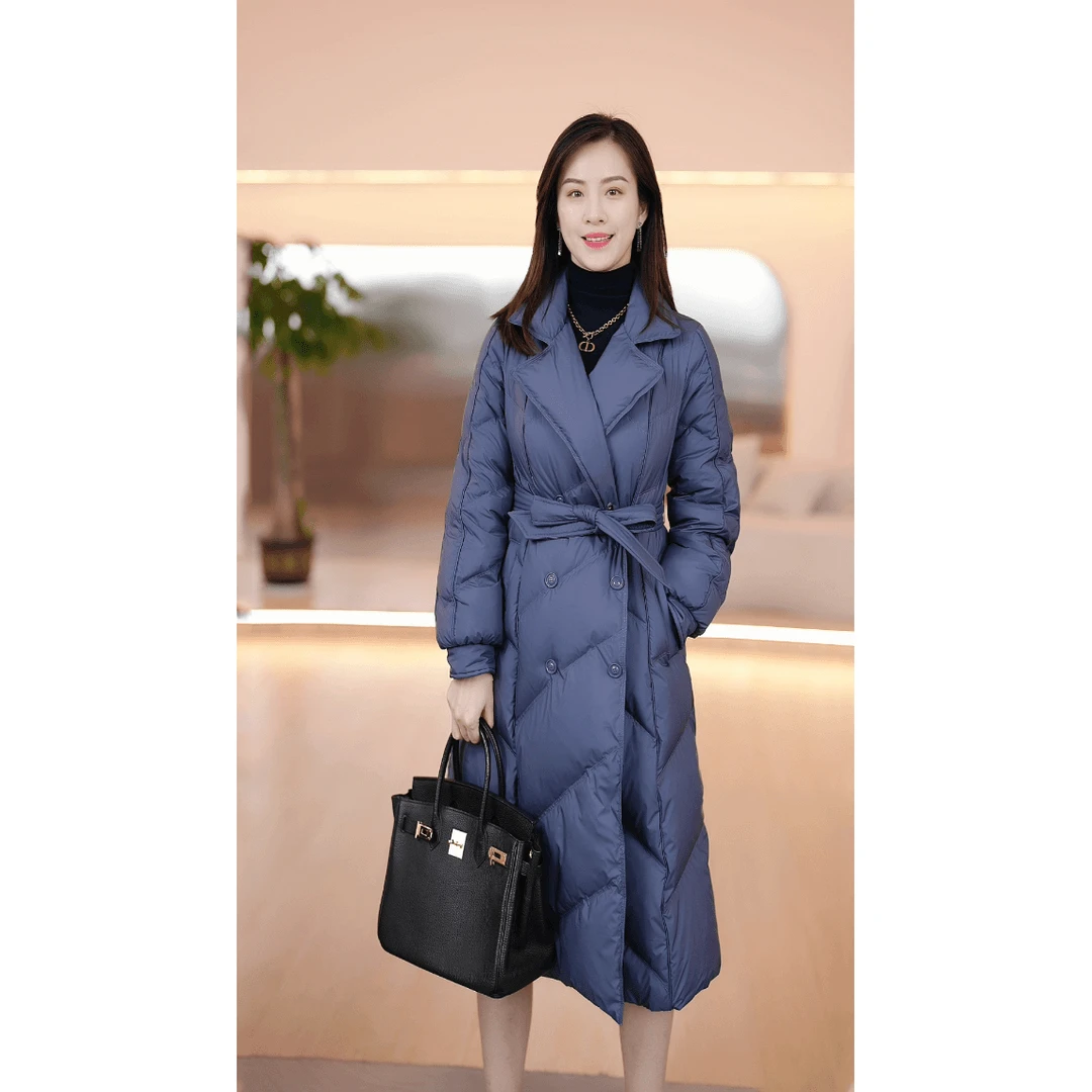 鸭鸭羽绒服女士2024秋冬新品加厚中长款西装领系带YE3B631563J