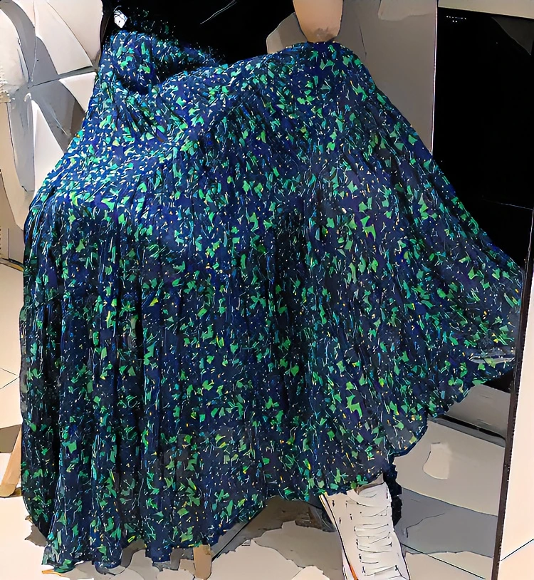 高档绿色碎花裙2024新款爆款气质半身裙高腰显瘦6米大摆百褶裙