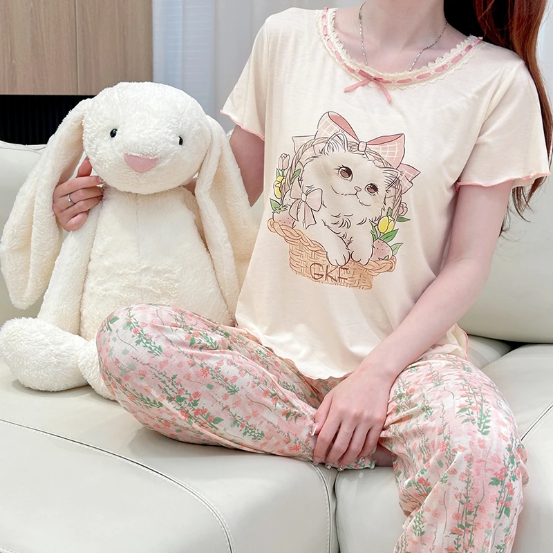 2024纯欲风少女休闲睡衣夏季新款猫咪长裤短袖甜美可爱家居服套装
