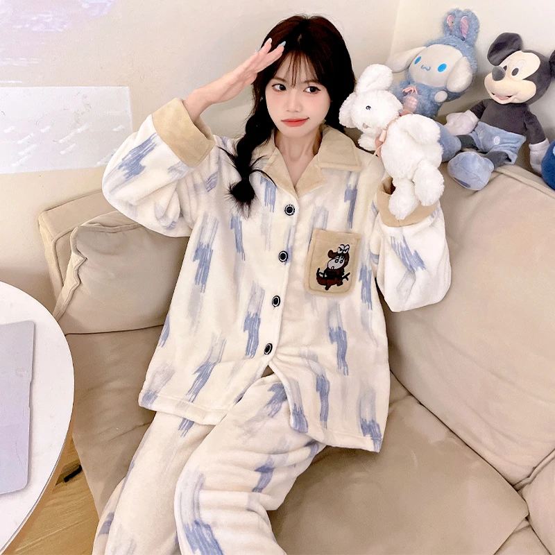 2024年冬季新款甜美碎花珊瑚绒睡衣长袖开衫可外穿宽松家居服套装